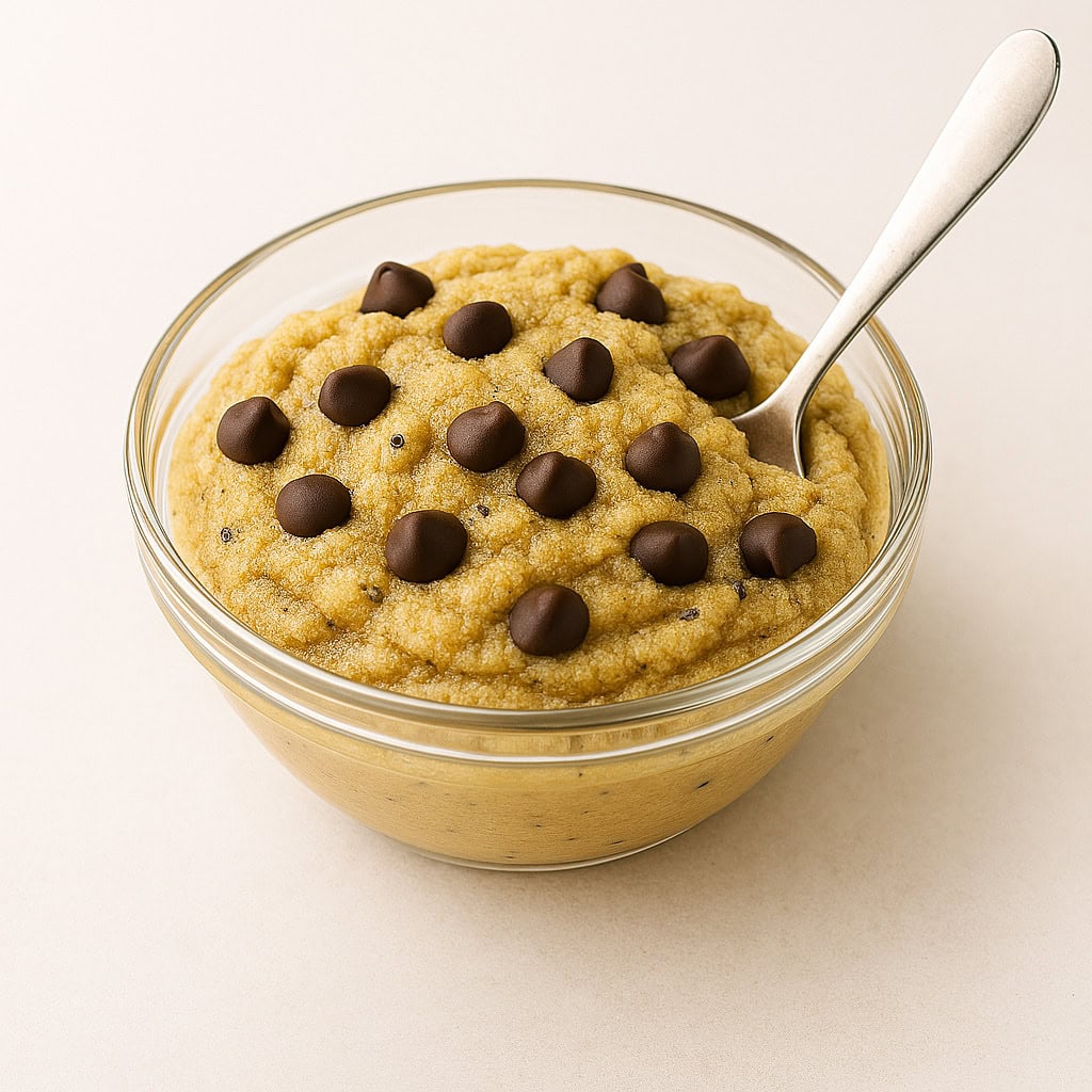 Protein Cookie Dough Low Carb in Glasschälchen auf hellem Teller, cremiger High-Protein-Naschteig mit Mandel und Erdnuss, gesunder Snack für fitnessbewusste Ernährung